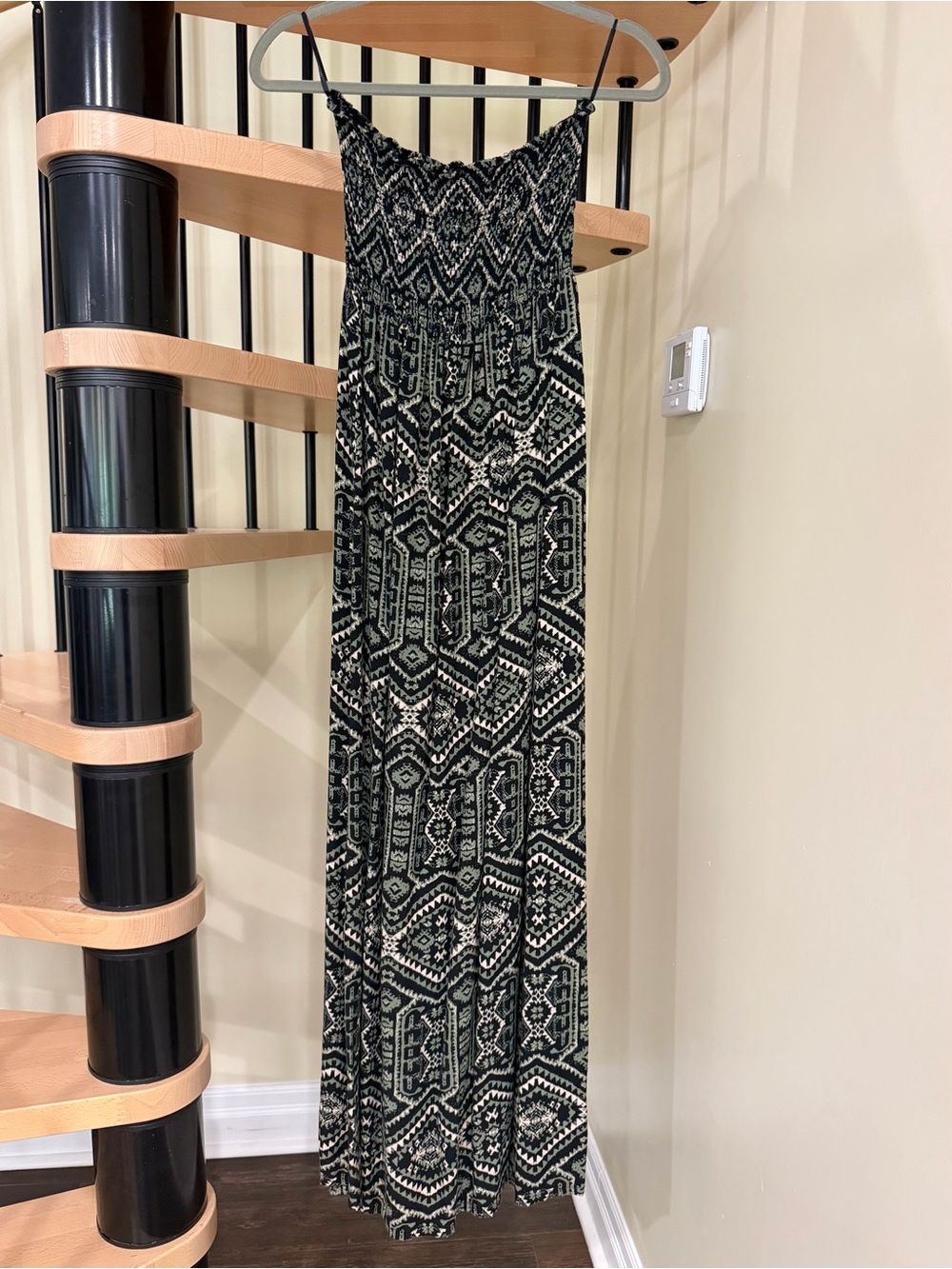 EUC Strapless Smocked Green Tribal Print Maxi Dress - Picture 3 of 7